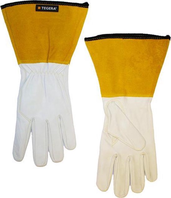 Hoogwaardige Tegera 118A Lashandschoen - Wit/Bruin Geitennerfleder - Maat 9/L
