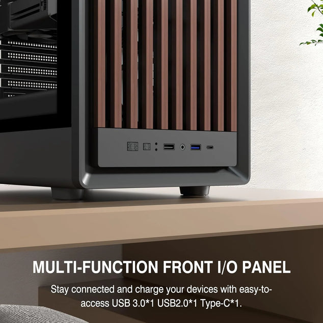 M1 PC behuizing - hout walnoot front, vooraf geïnstalleerde 4 PWM ARGB-ventilator, ATX Mid-Tower gaming pc-behuizing, met type C, zwart (zwart, M1)
