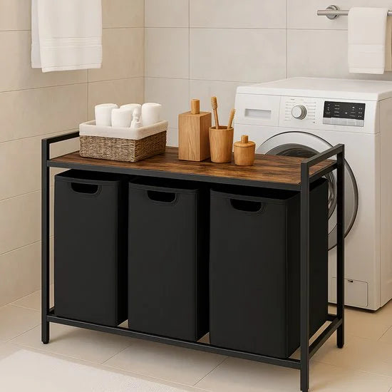 Wasmand 3 Vakken - Wassorteerder - Uitschuifbaar met plank - Eenvoudige Montage - 92.5 x 33 x 71 cm - 114L Capaciteit - 3 Zakken - Bruin Hout - Zwart Metaal - Wasmanden - Wasbox