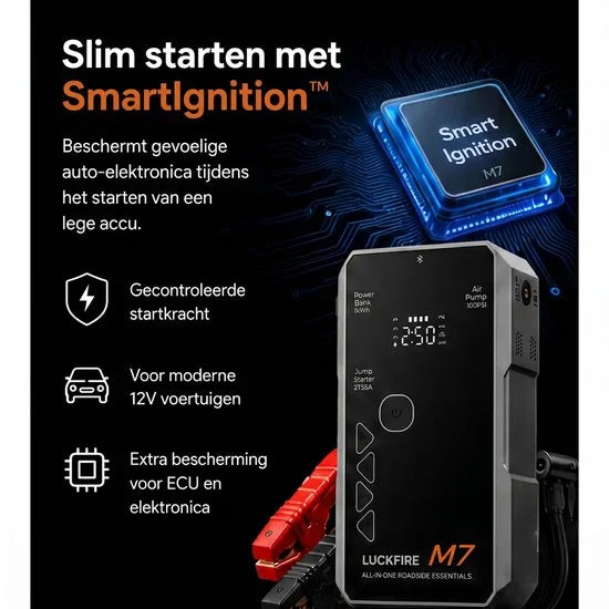 M7 Jumpstarter met Compressor voor Auto 12V - SmartIgnition, TÜV, 150 PSI, Powerbank, LED Zaklamp, SOS Noodlicht, incl. Opbergtas