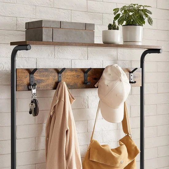 kapstok, kledingrek, kapstok met 5 dubbele haken, schoenenrek met 5 niveaus, een plank bovenop, voor flats, slaapkamers, gangen, industrieel ontwerp,