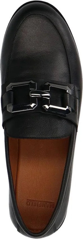 Manfield - Dames - Zwarte leren loafers met vierkanten chain - Maat 37
