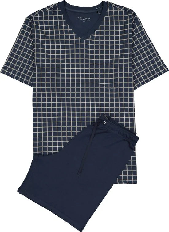 Schiesser heren shortama - blauw geruit -  Maat XXXXXL