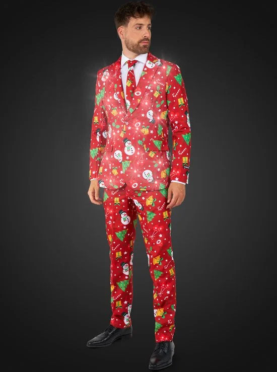 Suitmeister Christmas Red Icons met lichtjes- Verkleedpak - Heren Kerstpak - Kerst Outfit - Rood - Maat L