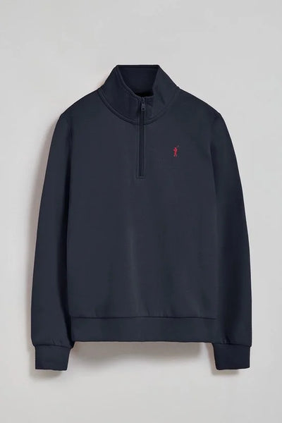 Marineblauwe sweater met halve rits en Rigby Go-logo