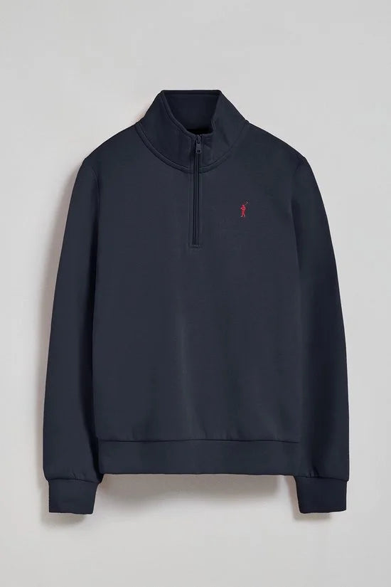 Marineblauwe sweater met halve rits en Rigby Go-logo