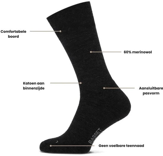 Basset Casual - Merino Wol Sokken - Warme Sokken - Maat 39/42 - Antraciet