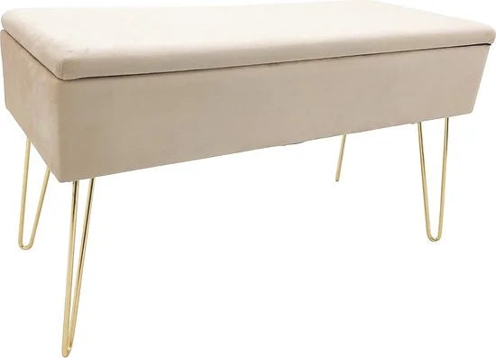 Scarlet Zitbank, gestoffeerde bank met fluwelen bekleding, opbergkist, rechthoekig, make-upbank met opbergruimte, metalen poten, crème, 75 x 30 x 41,