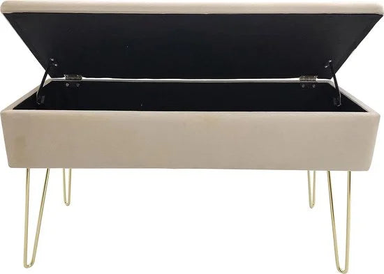 Scarlet Zitbank, gestoffeerde bank met fluwelen bekleding, opbergkist, rechthoekig, make-upbank met opbergruimte, metalen poten, crème, 75 x 30 x 41,