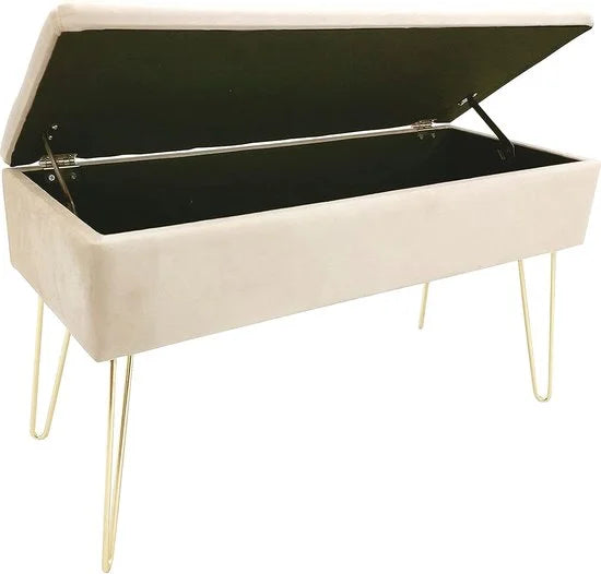 Scarlet Zitbank, gestoffeerde bank met fluwelen bekleding, opbergkist, rechthoekig, make-upbank met opbergruimte, metalen poten, crème, 75 x 30 x 41,