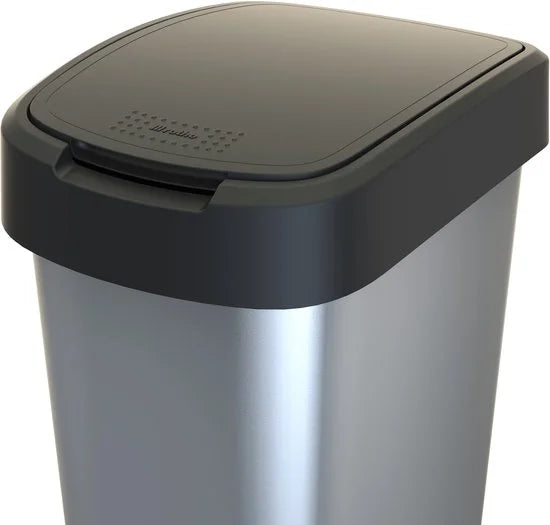 Rotho Twist afvalbak met swingdesksel 50L - zilvermetaalkleurig - BPA-vrij - incl 6 sticker voor diverse afvalstromen