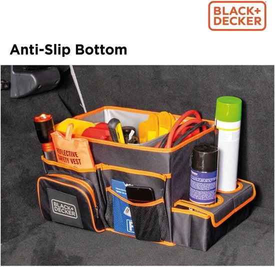 BLACK+DECKER Kofferbak Organizer - 47.5 x 25 x 30 CM - Met Draagriem - Cuphouders - Grijs/ Oranje