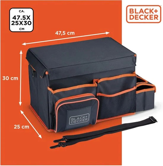 BLACK+DECKER Kofferbak Organizer - 47.5 x 25 x 30 CM - Met Draagriem - Cuphouders - Grijs/ Oranje