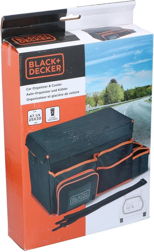 BLACK+DECKER Kofferbak Organizer - 47.5 x 25 x 30 CM - Met Draagriem - Cuphouders - Grijs/ Oranje