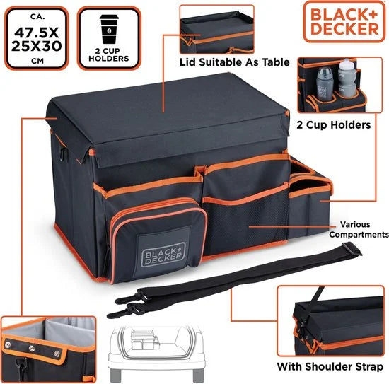BLACK+DECKER Kofferbak Organizer - 47.5 x 25 x 30 CM - Met Draagriem - Cuphouders - Grijs/ Oranje