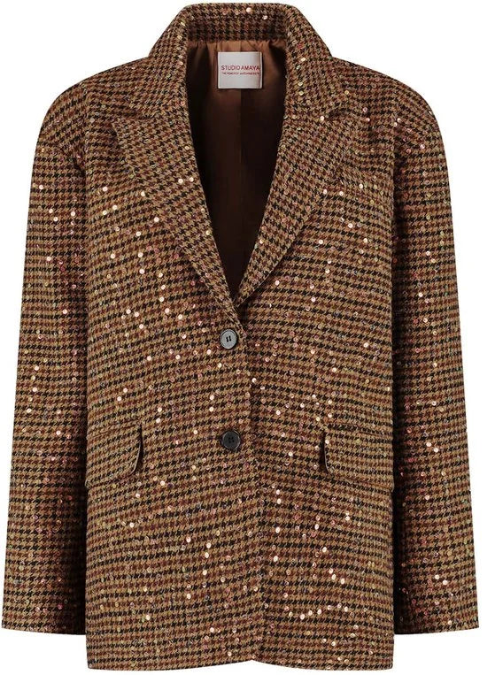 Studio Amaya Midnight blazer geruit met pailletten bruin