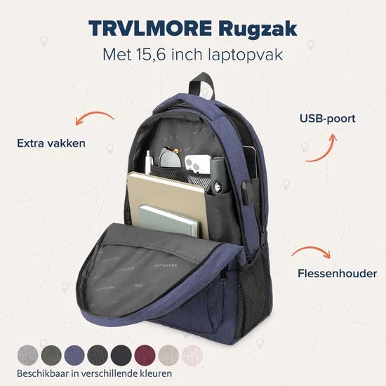 TRVLMORE 28L Rugzak - Rugtas met 15,6 Inch Laptopvak - Schooltas - Spatwaterdicht - Heren en Dames - Jongens en Meisjes - Blauw