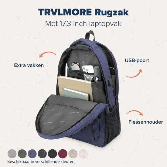 TRVLMORE 36L Rugzak - Rugtas met 17,3 Inch Laptopvak - Schooltas - Spatwaterdicht - Heren en Dames - Jongens en Meisjes - Blauw