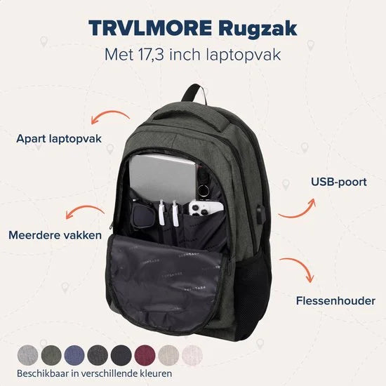 TRVLMORE 36L Rugzak - Rugtas met 17 Inch Laptopvak - Schooltas - Spatwaterdicht - Heren en Dames - Jongens en Meisjes - Grijsgroen