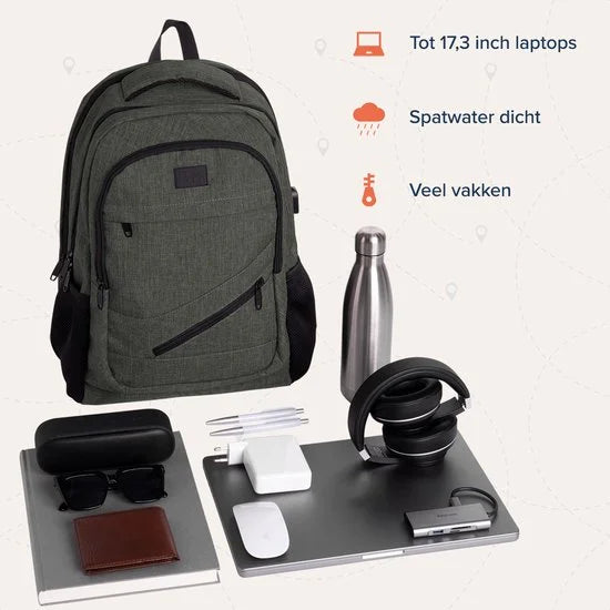 TRVLMORE 36L Rugzak - Rugtas met 17 Inch Laptopvak - Schooltas - Spatwaterdicht - Heren en Dames - Jongens en Meisjes - Grijsgroen
