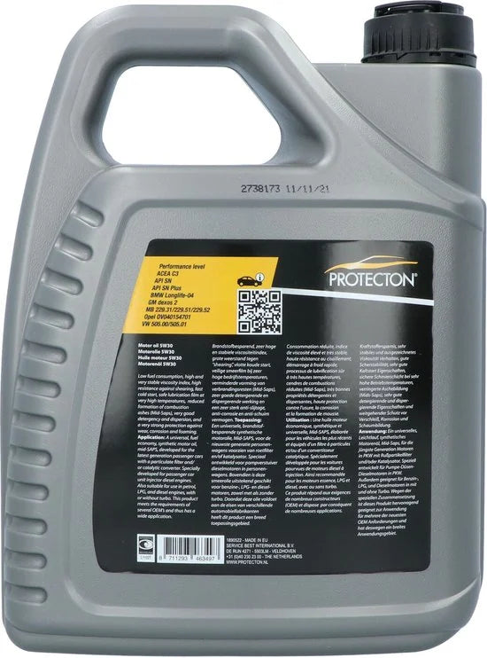 Protecton Motorolie 5W30 C3 5L - Volledig Synthetisch - Brandstofbesparend - Geschikt voor Roetfilters & Katalysatoren