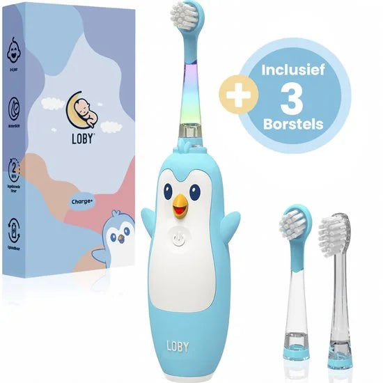 Loby Pïnguin - Elektrische tandenborstel kind - Baby tandenborstel - Oplaadbaar - Smart Timer - 0-6 Jaar - Inclusief 3 opzetborstels - Blauw
