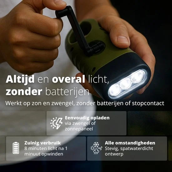 FlinQ Opwindbare Zaklamp - LED Knijpkat met Dynamo Opwindbaar - Oplaadbare Batterij door Handmatig Opwinden - Waterdichte Noodverlichting voor een No