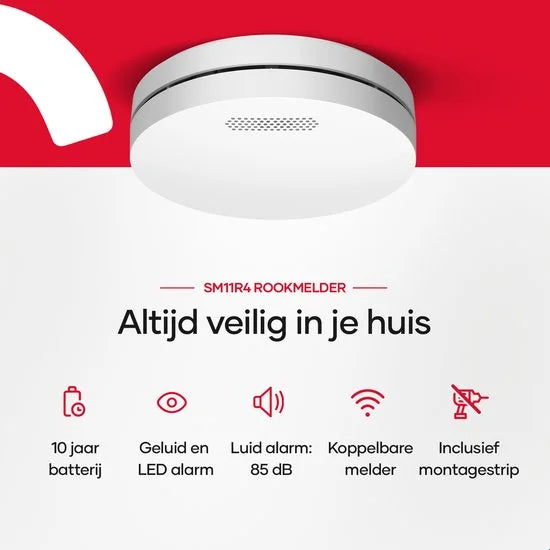 SAVS SM11R4 Draadloos koppelbare rookmelder - SafeLink - 10 jaar batterij - Extra dun design - Geen LED lampje - Montage zonder boren - Voldoet aan E