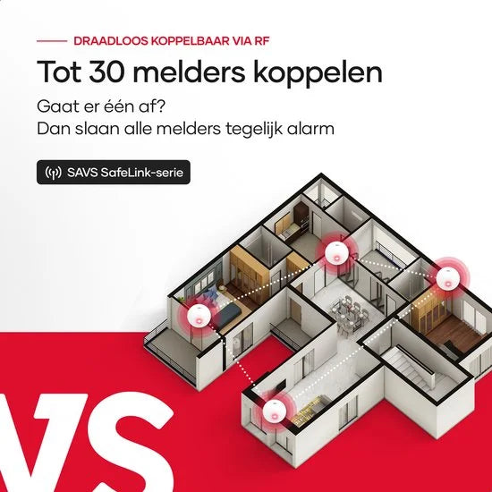 SAVS SM11R4 Draadloos koppelbare rookmelder - SafeLink - 10 jaar batterij - Extra dun design - Geen LED lampje - Montage zonder boren - Voldoet aan E