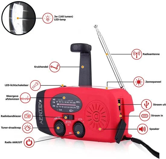 AFINTEK Noodradio Solar - 2000mAh Powerbank - LED Zaklamp - Opwindbaar via Handcrank & Zonne-energie - AM/FM - Voor Noodpakket & Camping - Rood