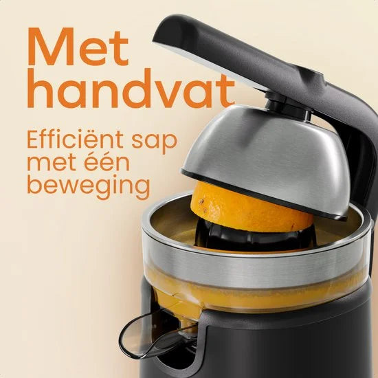 KitchenBrothers Citruspers - Elektrische Sinaasappelpers en Citroenpers - Met Uitloop en Pershendel - Compact - 0.35L - Zwart