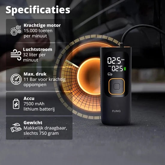 FlinQ Draagbare Compressor - Luchtcompressor - Elektrische Bandenpomp voor Fiets en Auto - Fietspomp USB-oplaadbaar - 12V
